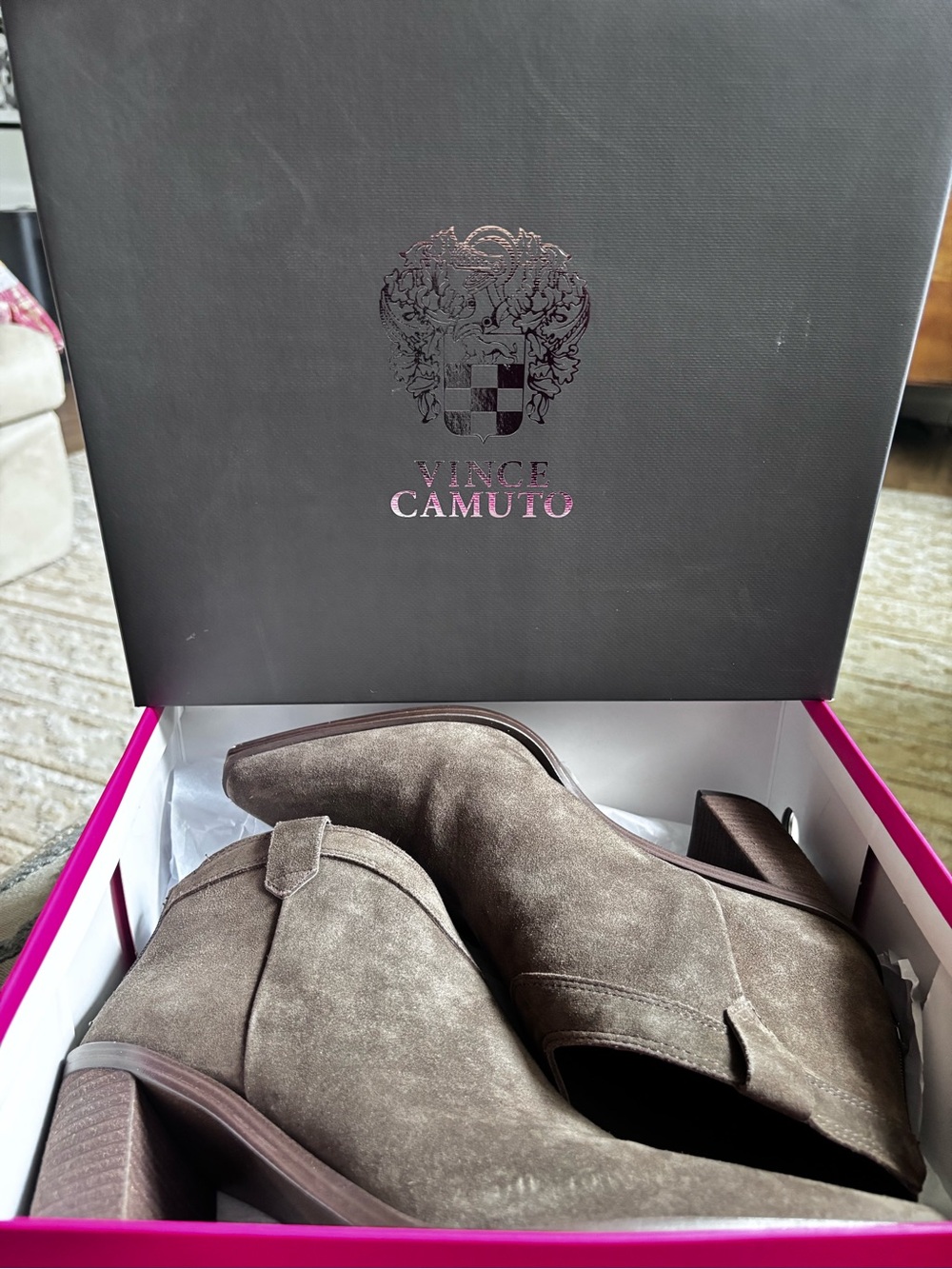 Vince Camuto Taupe Suede Ankle Booties with Block Heel